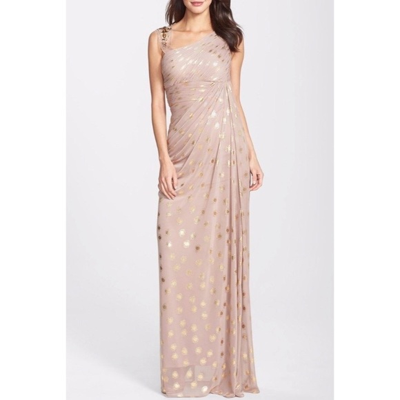 Adrianna Papell Blush Beige Gown Dress Jeweled Shoulder 4 - Picture 1 of 10